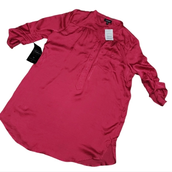 NWT Bebe Hot Pink Shirt Dress Medium Roll Tab 1/2 Button Front Lightweight - Picture 1 of 11